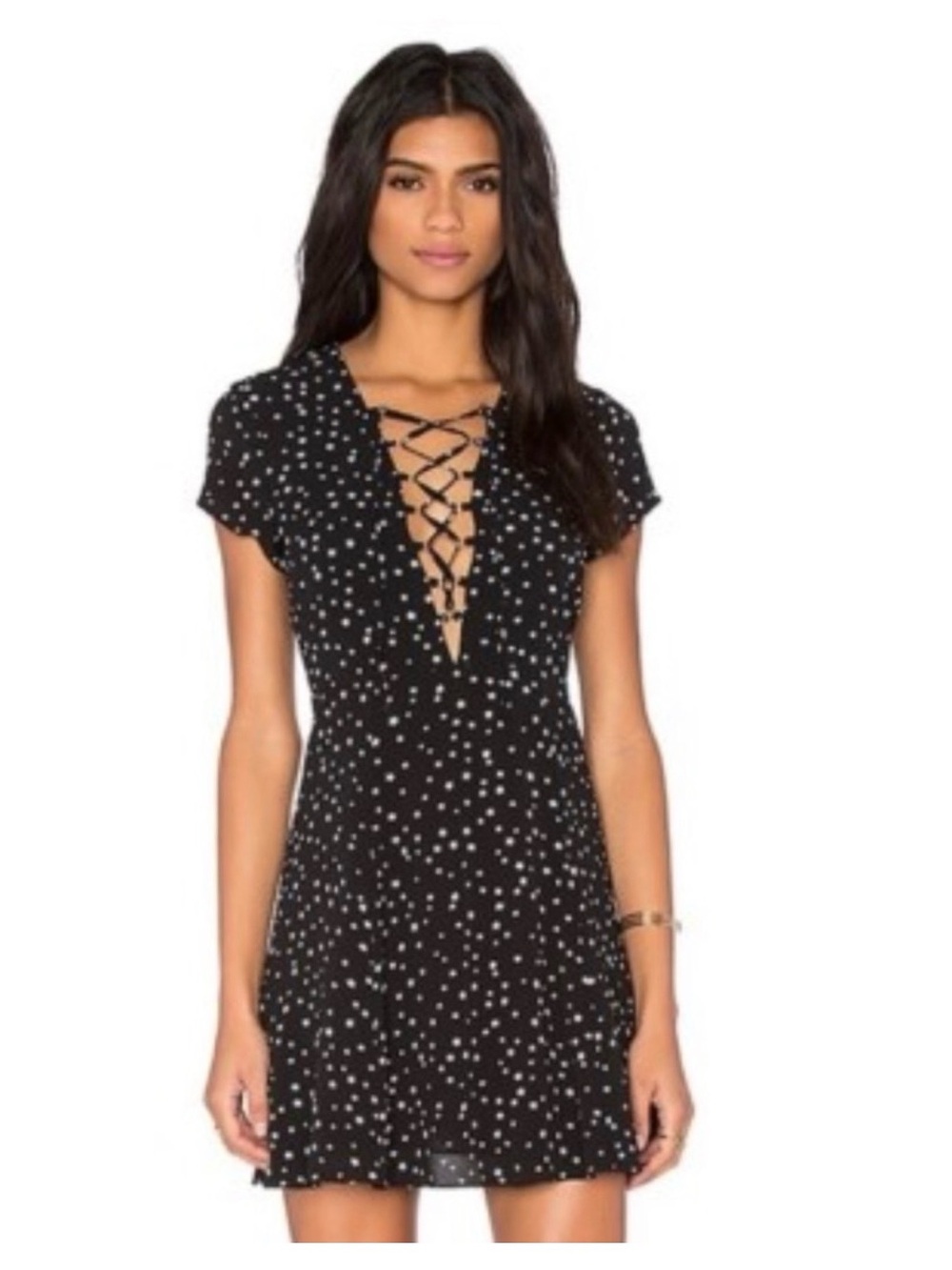 WYLDR Black Star Print Lace-Up Skater Dress